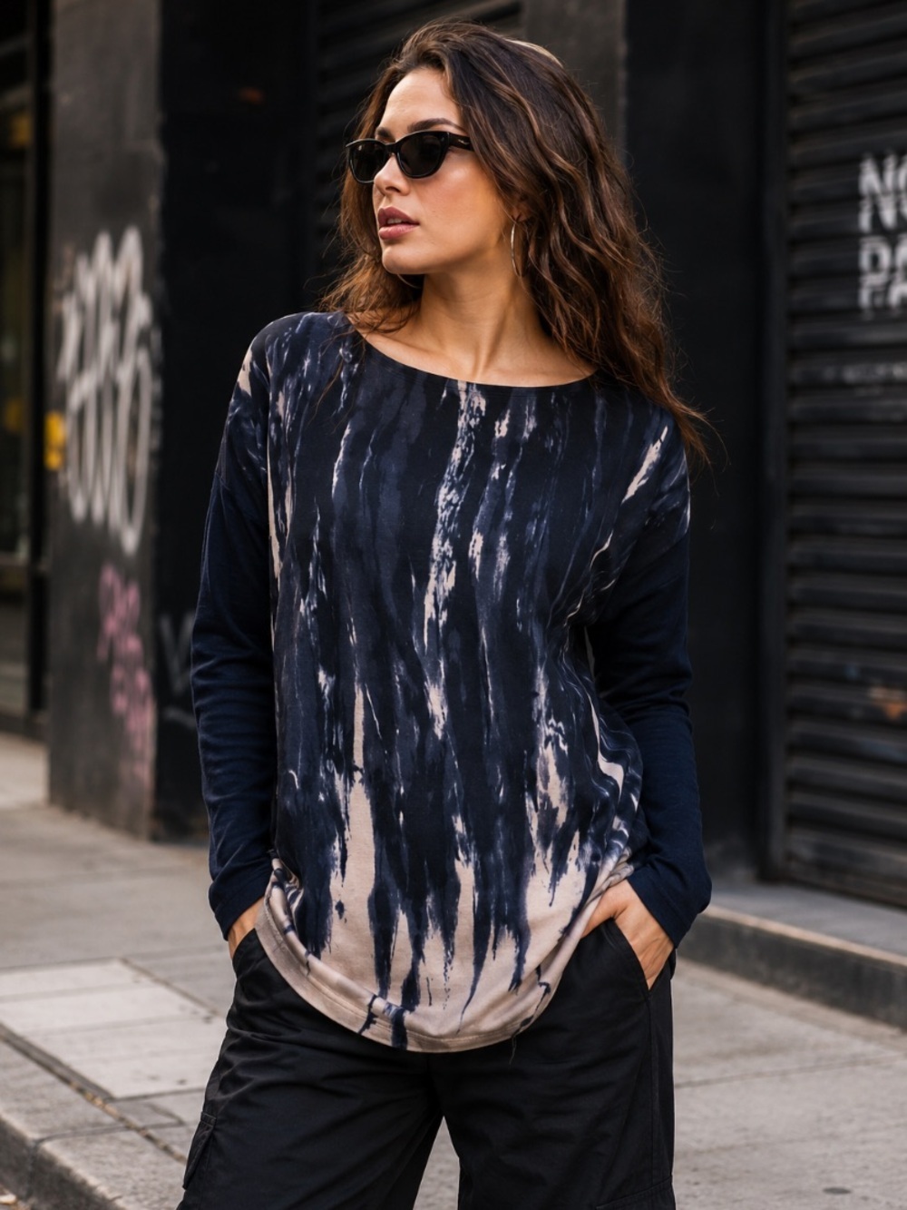 Zara Black & Cream Tie Dye Grunge Whimsigoth Long Sleeve Pullover Blouse Size M